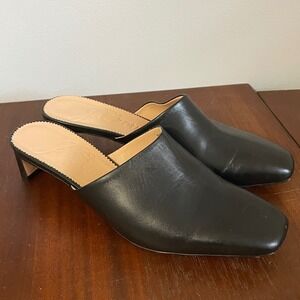 J. Crew Black Leather Mule Heels Square Toe Size 7.5 Kitten Heel